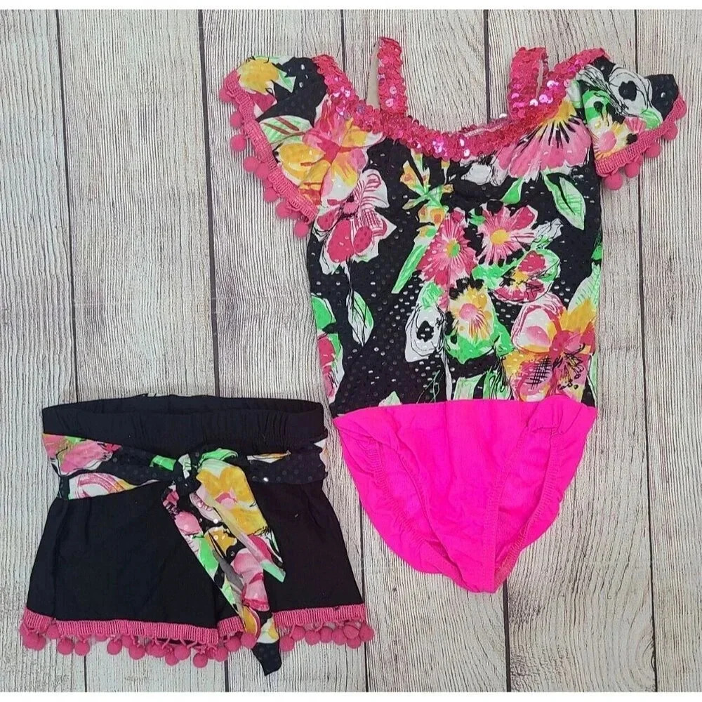 A Wish Come True 2pc Dance Costume Kokomo Leotard Shorts Girls 5-7 Pink Black
